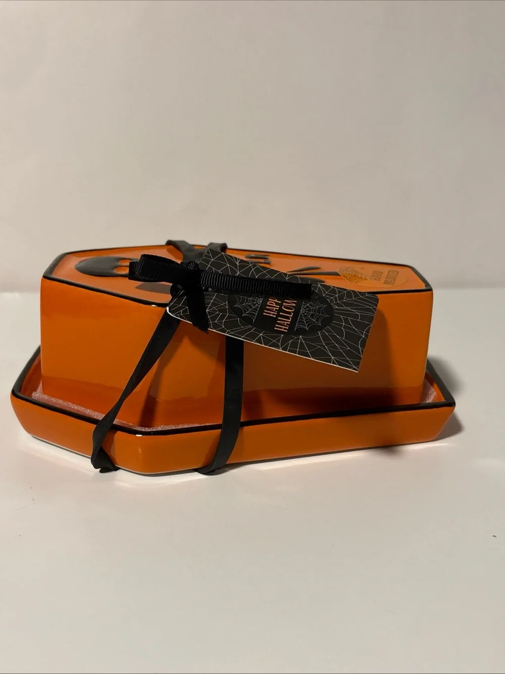 Cobwebs & Cauldron Halloween Coffin Butter Dish, Orange New